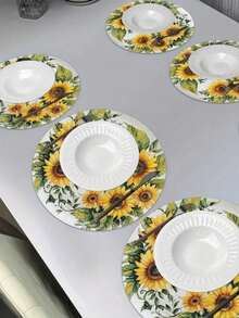 Set Alas Piring Bundar Motif Bunga Matahari 4/6 buah - Mudah Dibersihkan, Terbuat dari Bahan Linen Poliester Tahan Lama, Sempurna untuk Dekorasi Restoran dan Dapur, Dekorasi Pesta Liburan, Hadiah Kecil untuk Teman - MultiWarna - View 3