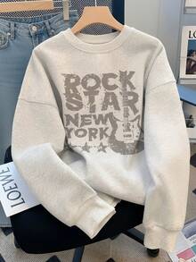 Women's American Rock Guitar Distressed Letter Crew Neck Sweatshirt, Vintage Street Loose Slouchy Autumn/Winter Pullover Top - Off-white - View 3