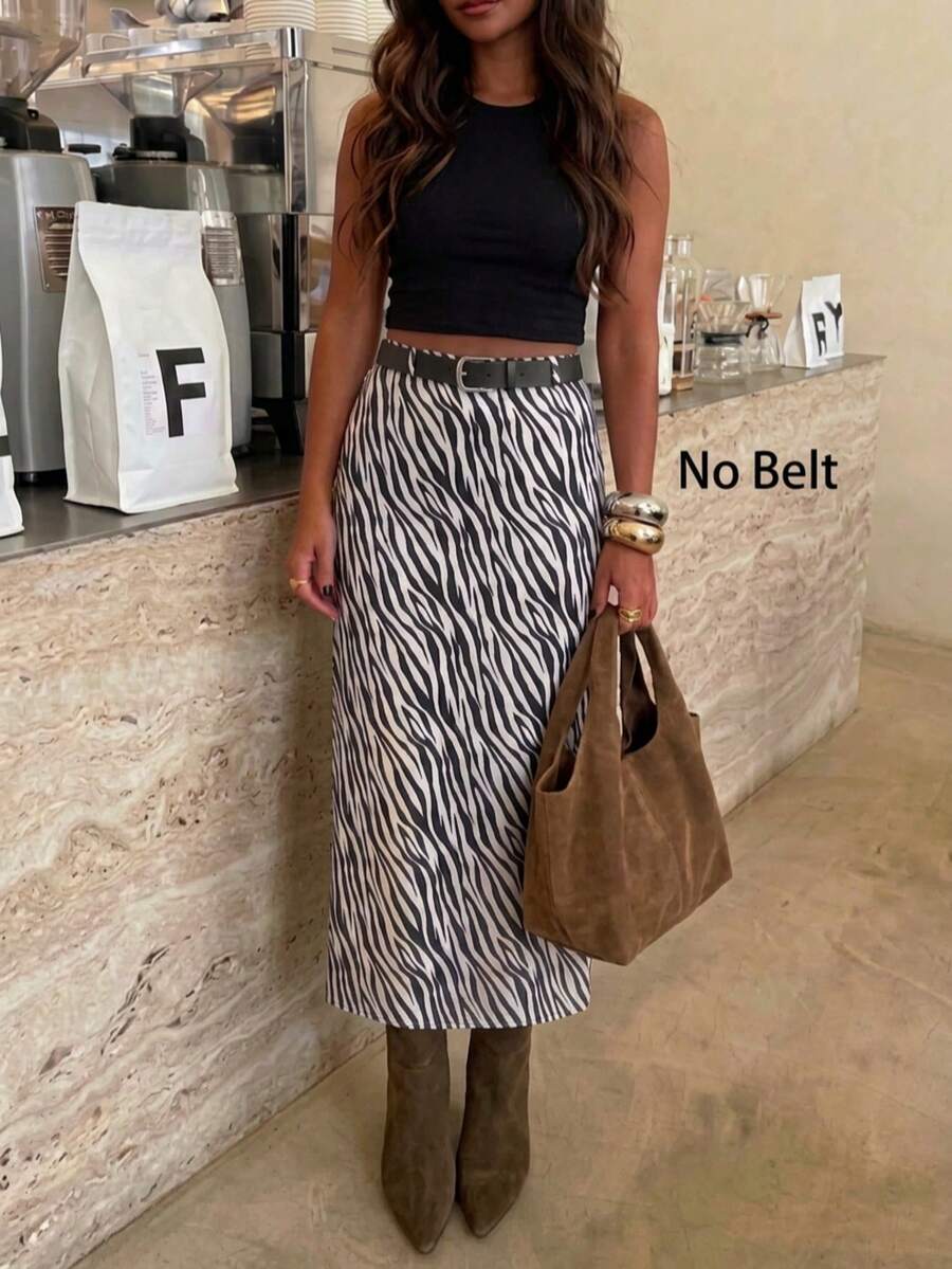 New Commuter Style Zipper Skirt, Zebra Print Hem, Back Slit, No Belt, Non-Stretch Fabric, Suitable For Date, School, Home, Commute - Black and White - View 1