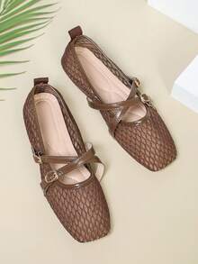 Women's Coffee Brown Flat Mary Jane Shoes With Mesh Strap And Cross Buckle Design - Coffee Brown - View 6