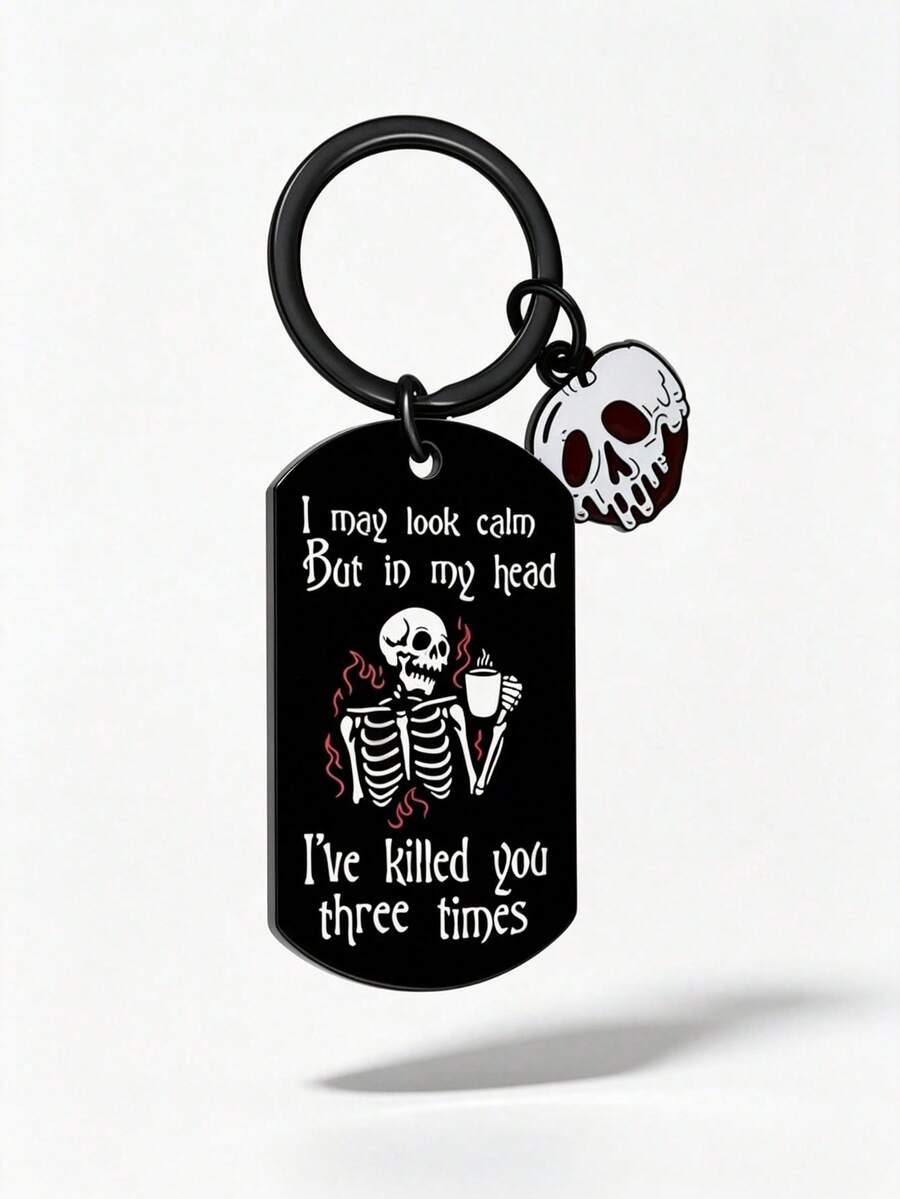 1 buah gantungan kunci tag anjing tengkorak rangka Halloween, charm enamel kutipan kopi lucu, cincin kunci hitam, liontin tas mobil, hadiah Halloween - MultiWarna - View 1