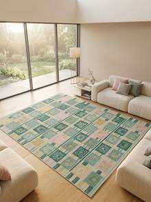 1PC Green Pink Yellow Plaid Totem Square Area Rug, Faux Cashmere Material Rectangular Vintage Pattern, Machine Washable Suitable For Living Room Bedroom Daily Home Decor, Aesthetic Home Decoration - Multicolor - View 1