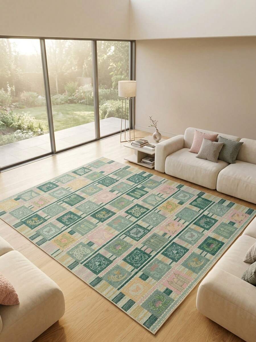 1PC Green Pink Yellow Plaid Totem Square Area Rug, Faux Cashmere Material Rectangular Vintage Pattern, Machine Washable Suitable For Living Room Bedroom Daily Home Decor, Aesthetic Home Decoration - Multicolor - View 1
