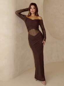 PARTHEA Elegant Brown Off Shoulder Mesh Sleeve Sheer Waist Ruched Maxi Evening Party Dress For Women - Brown - View 3