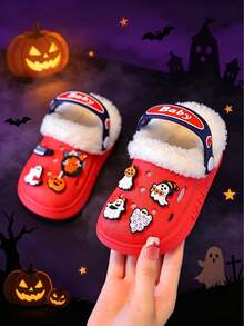 Halloween Ghost Pumpkin Decor Thermal Lined Warm Children's Clogs, Soft Plush Interior Non-Slip Autumn/Winter Boys & Girls Slip-On Thermal Slippers - Red - View 5