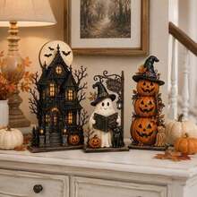 3pcs Haunted House Ghost Pumpkin Decor, Vintage Wooden Halloween Decoration, Quirky Multi-Layer Tray Tabletop Display, Autumn Home Gift - A - View 2