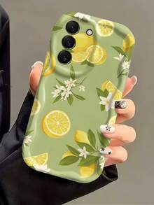 1pc White Dopamine Wave Ruffle Soft TPU Texture Phone Case Compatible With Apple 18 Pro Max/17 Pro Max 17 Air 17 Pro 17 16 Pro Max 16 Plus 16 Pro 16 15 Pro Max 15 Plus 15 Pro 15 14 Pro Max 14 Plus 14 Pro 14 13 Pro Max 13 Pro 13 12 Pro Max 12 Pro 11 Pro Max 11 Pro 11 XS Max XR X/XS 7 Plus 8 Plus/Galaxy S21 S22 S23 S24 S25 S26/Honor/ Creative Green Lemon Ditsy Floral Pattern - White - View 3