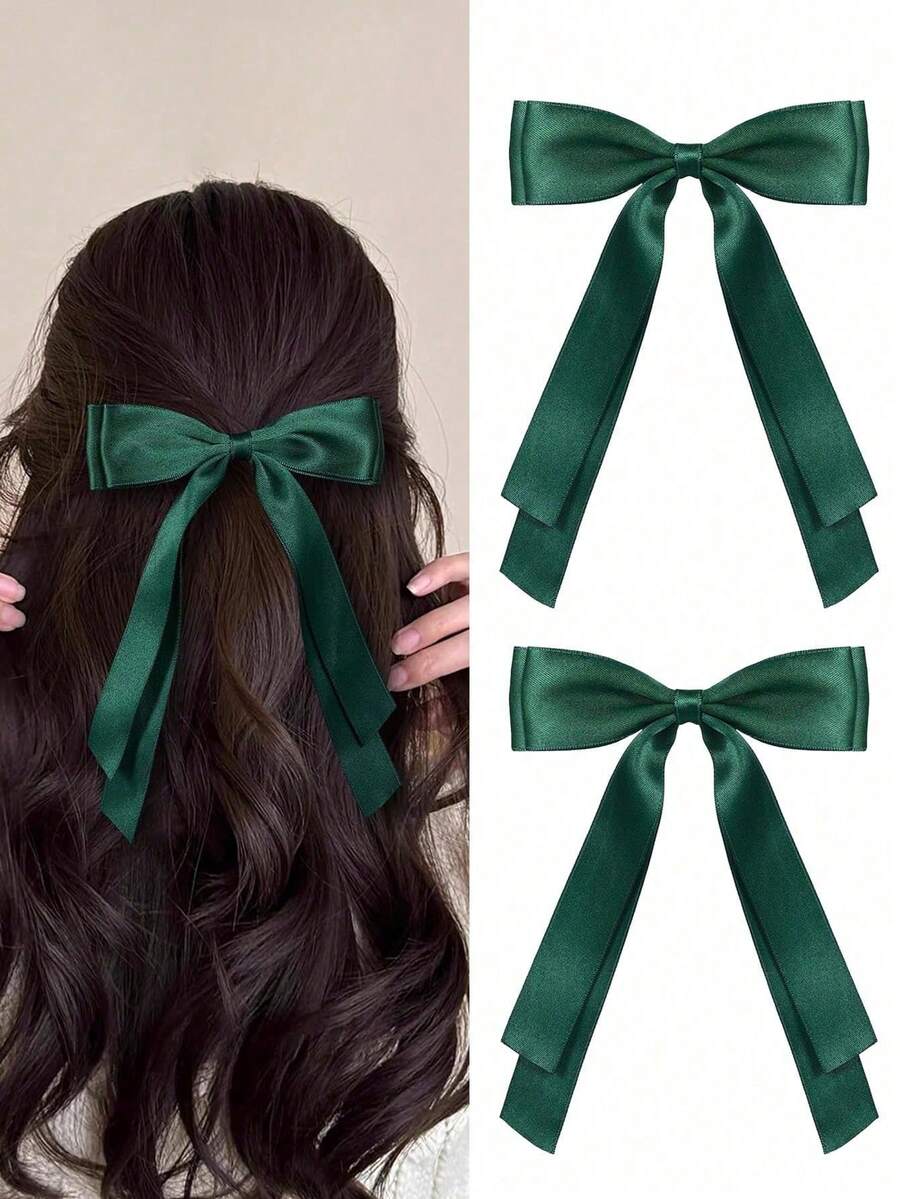 1/2pcs Women's Hair Clips, Dark Green Tassel Bow Hair Clips, Long Ribbon Design, Solid Color Satin Polyester Fiber Crocodile Clips, Fashion Hair Accessories, Suitable For Festivals, Autumn, Y2K Style And Christmas Wear - Multicolor - View 1