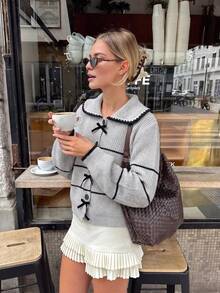 Women's Bow Detail Knit Cardigan, Striped Wide Collar Loose Fit Sweater Top, Suitable For Daily Wear And Holiday Outfits - Baby Blue - View 3