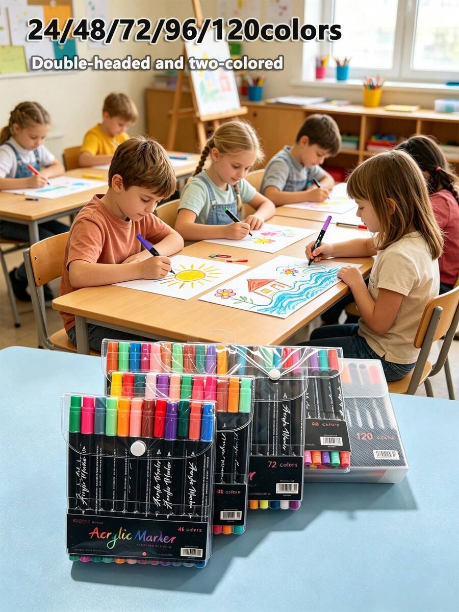 Spidol Akrilik Lembut Dua Ujung Dua Warna, Set 24/48/72/96/120 Warna, Aliran Tinta Halus, Warna Stabil dan Cerah, Cocok untuk Siswa Sekolah Dasar, Anak-anak, Mahasiswa Seni, Melukis, Membuat Sketsa, Kreasi DIY, Menggambar, Grafiti, Kejutan Liburan - MultiWarna - View 1