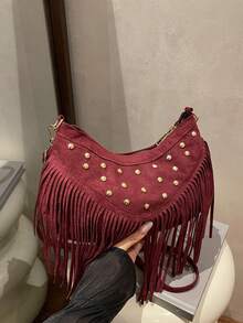 Shoulder Bag With Curved Body, Metal Rivet Decoration And Long Tassel Design, Adjustable Shoulder Strap For Easy Carrying. Moderate Capacity To Store Daily Essentials, Western Vintage Style Suitable For Daily Outings, Effortlessly Enhancing Overall Outfit Style. - Red - View 4