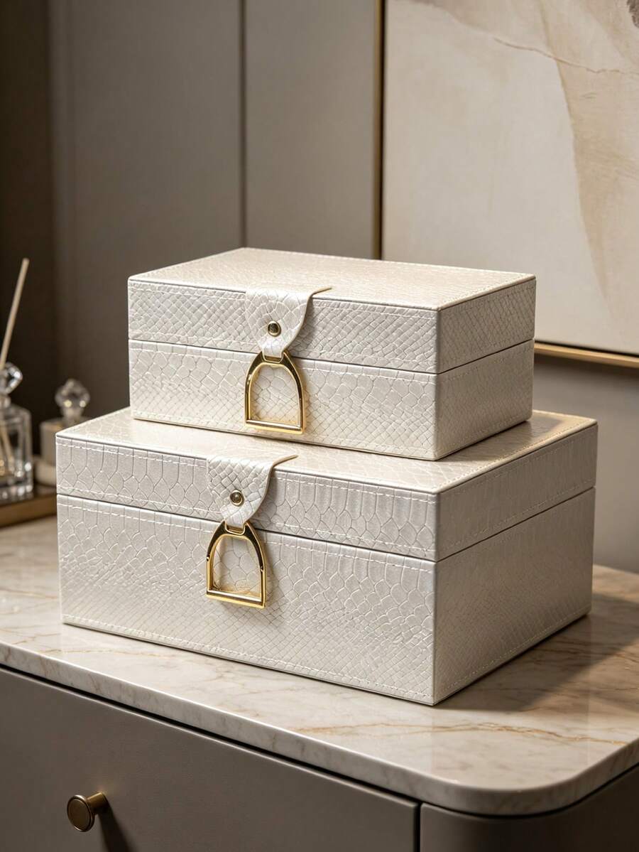 Bộ 2 hộp đựng trang sức PU vân nổi lớn và nhỏ, khung MDF lót nhung, tay cầm khóa gài hình bàn đạp màu vàng, hộp lưu trữ trang sức sang trọng cho phòng ngủ, bàn trang điểm, trang trí phòng, quà cưới - Màu be - Xem 1