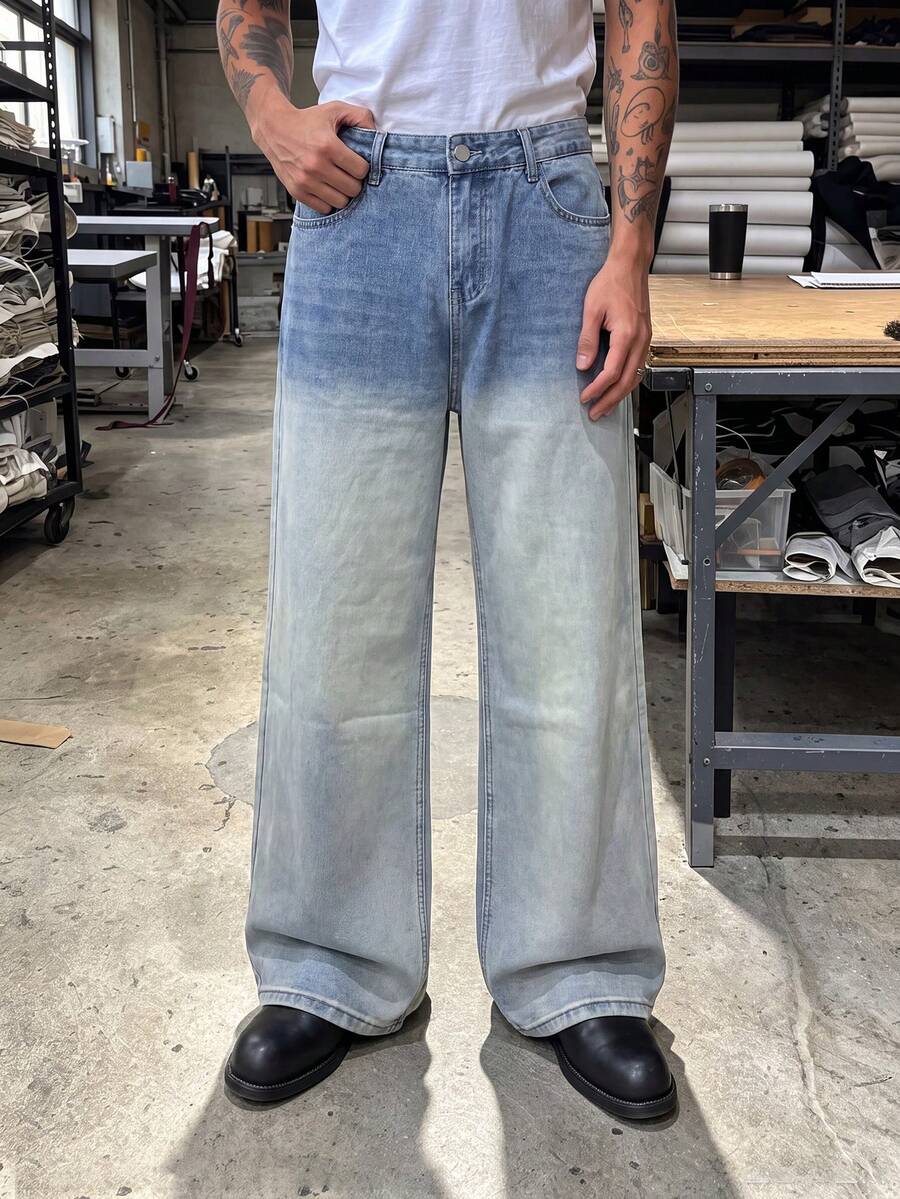 Herr vintage jeans med gradient, vida ben, lös rak passform, klassisk 5-fickorsdesign och gradienttvätt från topp till botten, lämpliga för avslappnad vardagsstil - Ljustvätt - Visa 1