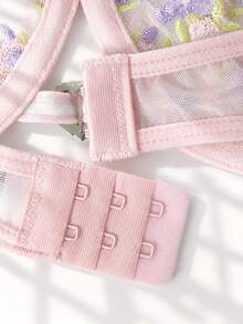 Sweet Girl Sheer Embroidered Bra Set, Heart Rhinestone Design, Comfortable Sexy Lingerie Set For Women, Suitable For Dates, Valentine's Day - Pink - View 6