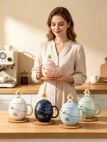 1pc Space Themed Planet Ceramic Mug, Reusable Coffee Cup With 3D Astronaut Shaped Lid, Fun Cosmic Travel Style Drink Vessel, Distinct Holiday And Birthday Gift, Great Tabletop Drinkware For Space Fans For Daily Use At Home And While Working Remotely - Multicolor - View 5