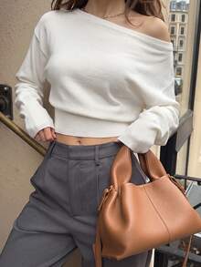 Live To Mo White Asymmetric Slant Off Shoulder Knit Sweater, Elegant Long Sleeve Waist Knitted Top Suitable For Daily, Commute & Back To School Fall - White - View 3