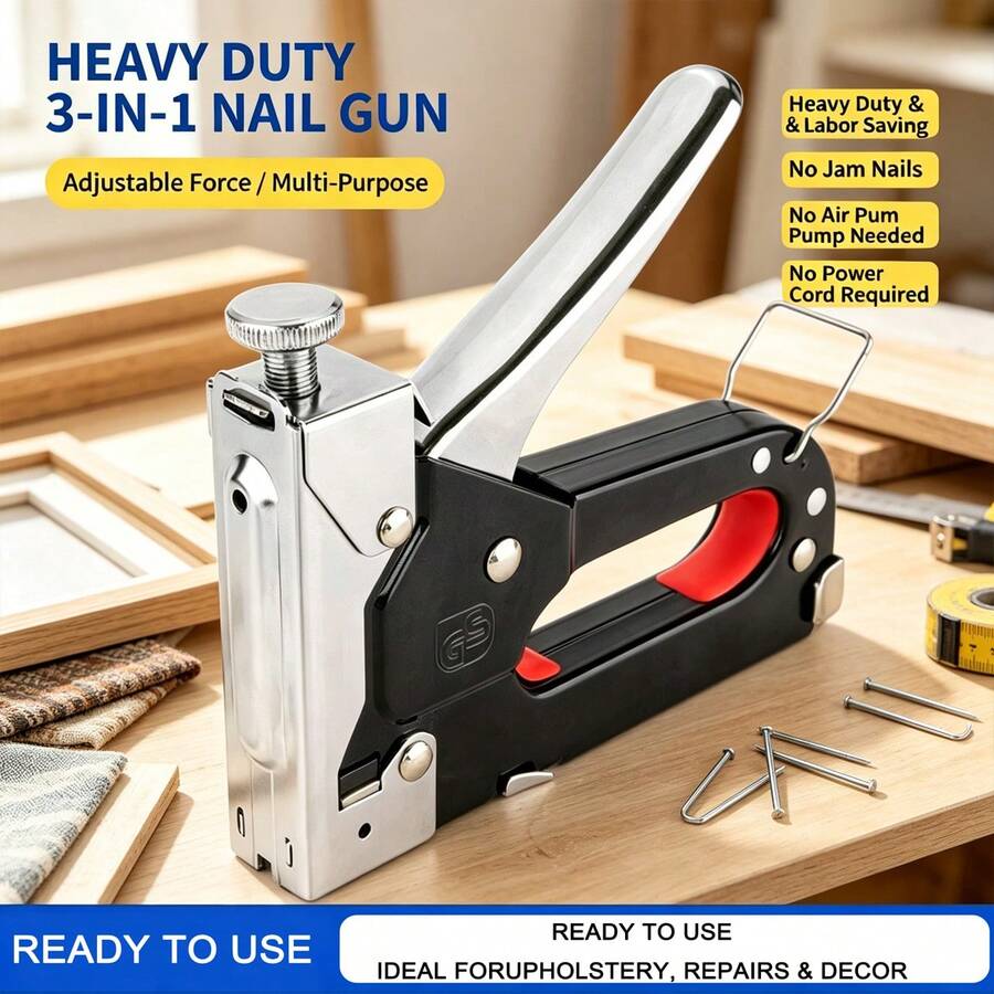 Heavy Duty 3-In-1 Handheld Manual Staple Gun, Jam-Free Upholstery Stapler Tacker Brad Nailer With Adjustable Force, No Air Compressor Needed, For Woodworking Picture Frame Furniture Repair Banner Fabric DIY Craft Projects