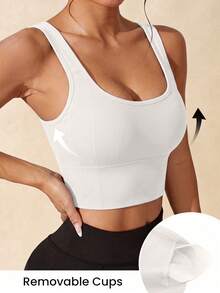 Women's Ribbed Knit U-Neck Cropped Sports Bra, Ribbed Square Neck Sports Tank Top, Built-In Removable Padding, Slim Fit Fitness Pilates Training Workout Bra - White - View 2