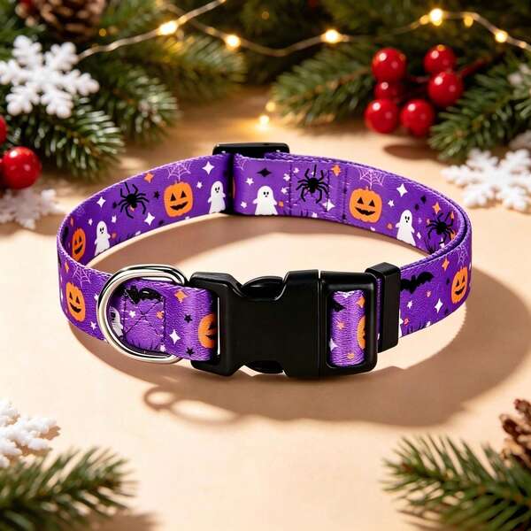 1pc Halloween Dog Collar With Cute Pendant, Purple Ghost Puppy Collar, Soft Adjustable Autumn Pumpkin Ghost Dog Collar With Plastic Buckle, Durable Holiday Pet Collar Suitable For Small Medium Large Dogs