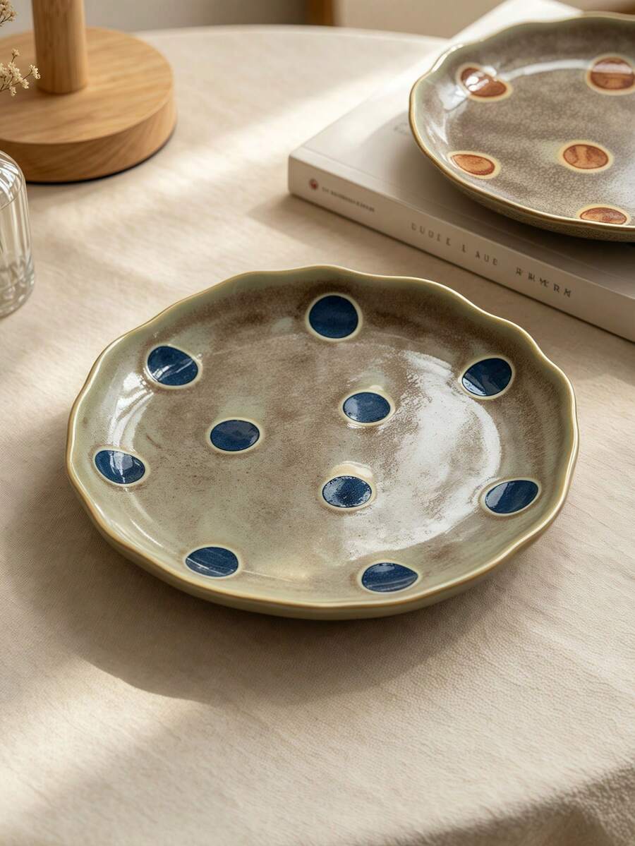 Piring Keramik Vintage Motif Polkadot Emboss 3D, Piring Saji Dessert dan Salad dengan Tepi Bergelombang Asimetris Bergaya Rustik Glazed, Piring Porselen Buatan Tangan Cocok untuk Meja Makan dan Pajangan Perhiasan - MultiWarna - View 1