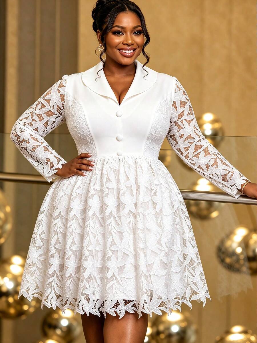 Plus Size White Hollow Floral Lace A Line Dress Lapel Collar Long Sleeve Button Accent Elegant Formal Church Wedding Guest Fall Outfit For Women - White - View 1