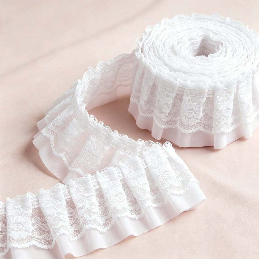 2Y/5Y/10Y Sewing Craft Ruffle White Lace Ribbon 5cm Wide, Double Layer Pleated Lace Trim For Clothing Edge, Skirt Hem, Home Decor, Pillowcase Embellishment - A - View 1