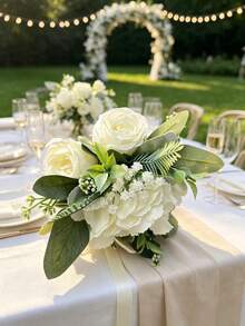 1 Bunch Ivory White Artificial Rose Bouquet, Suitable For Wedding, Proposal, Party, Church And Other Occasions - Multicolor - View 2