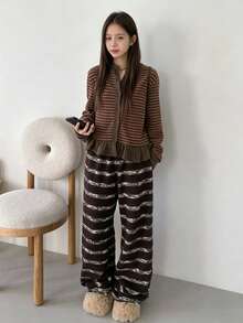 YCYC Autumn/Winter Street Vintage Striped V-Neck Loose Casual Versatile Top - Brown - View 2