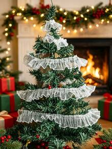 1pc White Ruffled Mesh Ribbon Garland Christmas Tree Swag Trim Xmas Mantel Fireplace Stair Handrail Window Party Backdrop Festive Hanging Streamer Holiday Home Layout Decor Winter Scene Ornament Decorative Accessory - Multicolor 4 - View 3