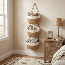 3-Tier Boho Neutral-Tone Hanging Basket – Woven Rope Wall Organizer With Space-Saving Vertical Storage; Bohemian Style For Bathroom, Nursery, Kitchen, And Bedroom – Multi-Room Hanging Storage Unit For Towels And Tableware - View 3