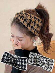 3pcs Random Color Mixed Autumn/Winter Women's Headband Hair Accessory Houndstooth Knitted Woolen Hair Tie Wide Edge Headwrap, Daily Outdoor Wear - Multicolor - View 7