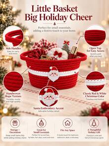 1pc Christmas Santa Rope Storage Basket For Home, Red & White Woven Organizer With Cute Santa Embroidery, Decorative Storage Bin With Handles For Bedroom, Kids Room, Living Room & Holiday Decor - Multicolor - View 3