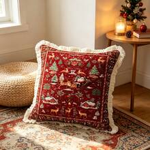 1PC Christmas Print Pillow Cover With Tassel Border, Double-Sided Decorative Pillowcase, Santa Claus Reindeer Pattern, Home Decoration, Sofa, Bed, Bedroom(Excluding Pillow Core)-Size Excludes 3cm Tassels - Multicolor - View 11