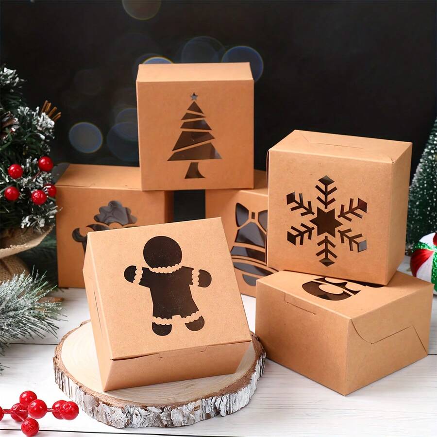 European Style New Christmas Small Gift Packaging Box PVC Kraft Paper Laser Cut Window Square Gift Box For Holiday Birthday Party Baby Shower Valentine's Day Mother's Day Thanksgiving New Year Easter - Khaki - View 1