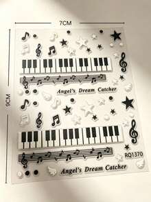 1 Set, Sticker, Retro Musical Theme, Ins Minimalist Style, Black And White Tone, Piano Key, Music Note, Star And Wing Motif, Surface Decoration, For Personal Item Embellishment, Daily Decorative Use - RQ1370 - View 6