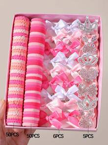 111pcs Girls Pink Rhinestone Heart Bow Crown Hair Ties Ribbon Bow Hair Clips Thumb Rings High Elasticity Durable Non-Damaging Hair Bands For Daily Use - Pink - View 7