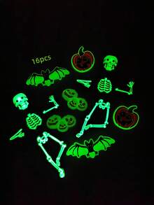 16pcs Halloween Glow-In-The-Dark Skeleton Bat Pumpkin PVC Shoe Charms Detachable Buckle Accessories For Clogs Beach Sandals - Multicolor - View 4