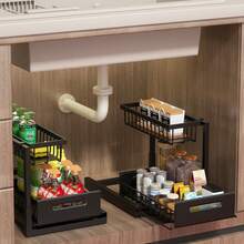 1pc 2-Tier Pull-Out Under Sink Storage Rack, Sliding Drawer Cabinet Organizer, Suitable For Kitchen Bathroom Closet Cabinet, Multi-Functional Cabinet Storage, Space-Saving, Adjustable, Rust-Proof, Heavy-Duty, Easy Assembly, Home Storage Solution - Black - View 5