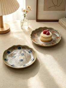 Piring Keramik Vintage Motif Polkadot Emboss 3D, Piring Saji Dessert dan Salad dengan Tepi Bergelombang Asimetris Bergaya Rustik Glazed, Piring Porselen Buatan Tangan Cocok untuk Meja Makan dan Pajangan Perhiasan - MultiWarna - View 5