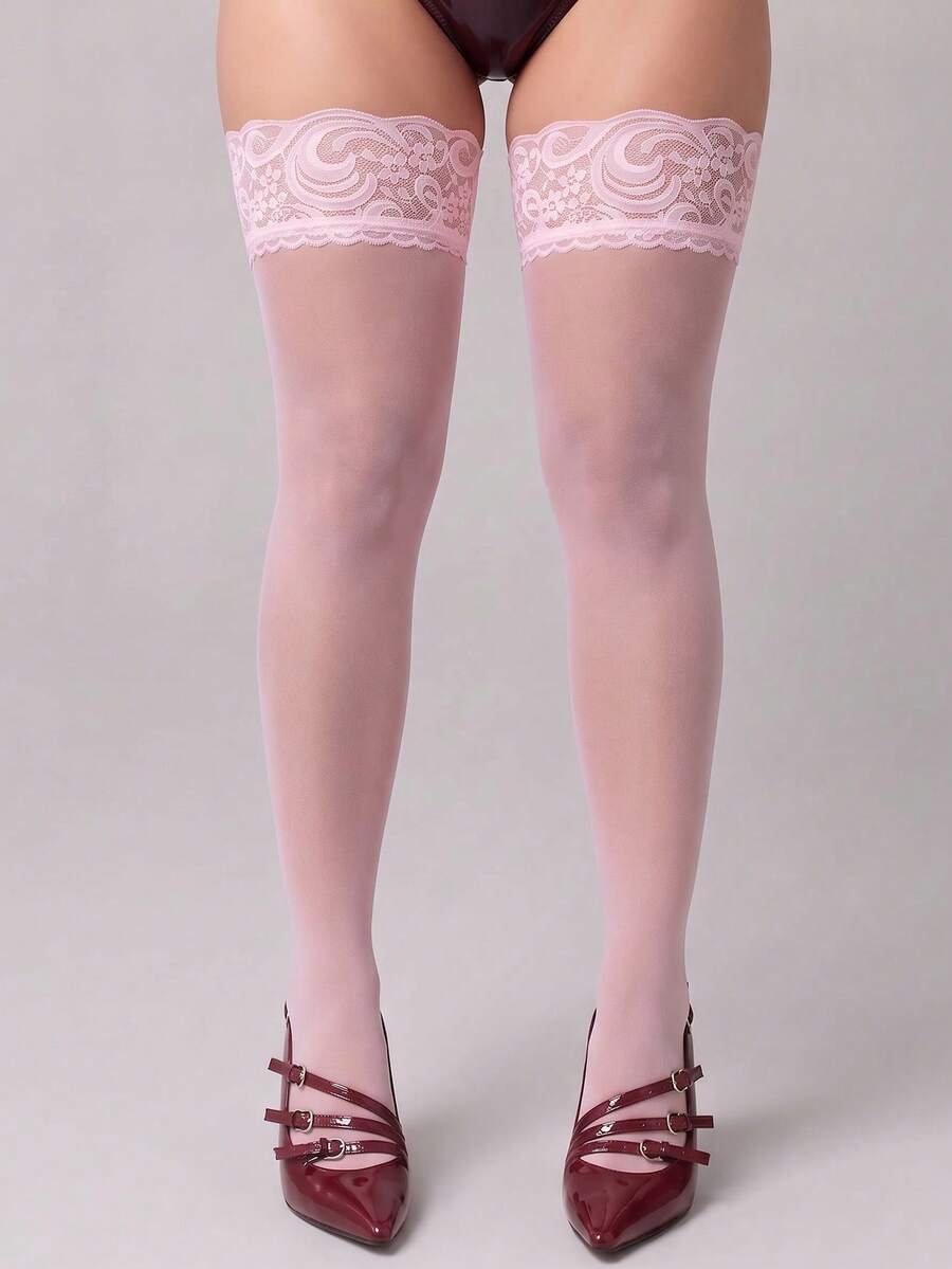 1雙女款淺粉色蕾絲飾邊過膝襪,優雅素色大腿高筒襪 - 淺粉色 - 查看 1
