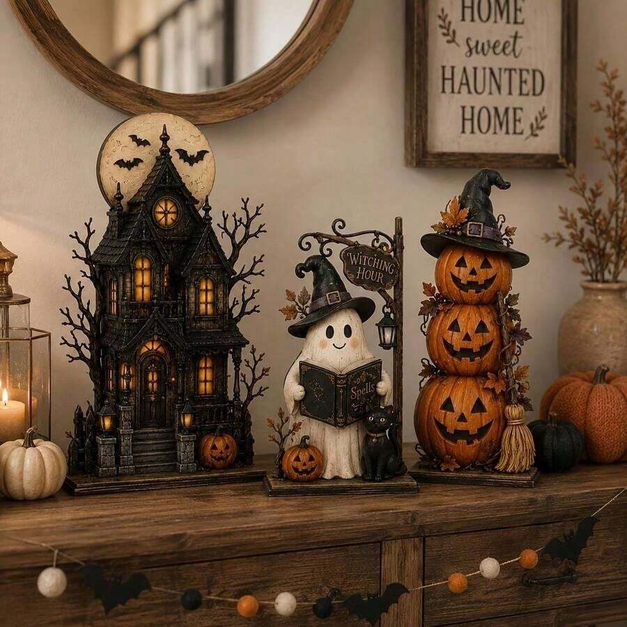 3pcs Haunted House Ghost Pumpkin Decor, Vintage Wooden Halloween Decoration, Quirky Multi-Layer Tray Tabletop Display, Autumn Home Gift - A - View 1