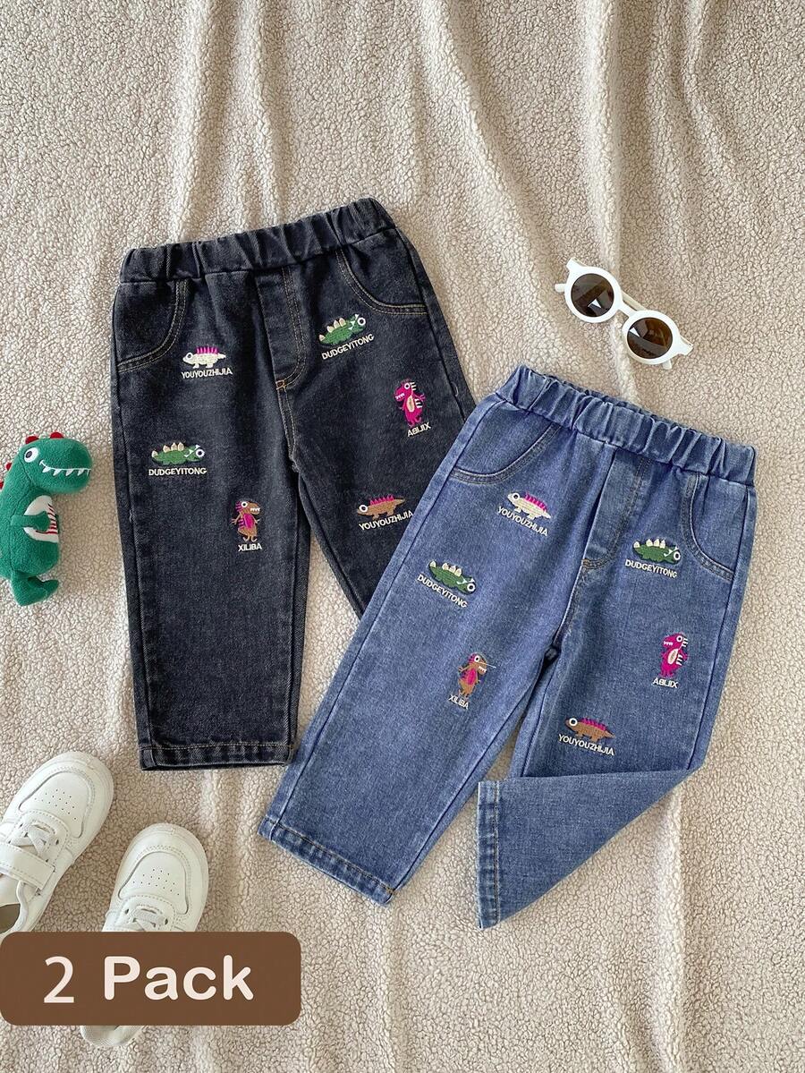 2pcs/Set Spring Autumn Boys' Washed Soft Denim Jeans With Cute Embroidery, Elastic Waist Casual Long Pants For Toddlers And Babies - Multicolor - View 1