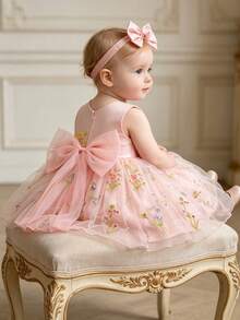 Toddler Dress Embroidery Princess Baptism Vesidos Birthday Party Bow Dress For Baby Girl With Headband Wedding Girl Outfit - Pink - View 3