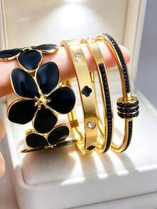 4pcs/1pc Enamel Floral Bracelet Set, Gold Stainless Steel Transparent Crystal Stackable Bracelet, Luxury Women's Jewelry Gift - Black - View 13