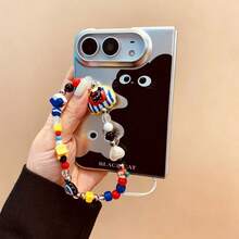 Cute Black Cat Pattern Electroplated Silver Phone Case With Kitten Heart Star Beads Chain Compatible With IPhone Duo Fold Ultra 18 Fold Case Anti-Drop Cover - Silver - View 3