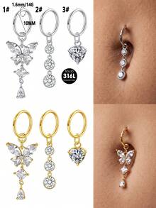 TOKRING 1PC Clicker Belly Button Rings 14G Gold Plated Belly Rings For Women,Dangle Heart Butterfly CZ Belly Navel Piercing Jewelry Stainless Steel 10MM - Buckle-style - View 5