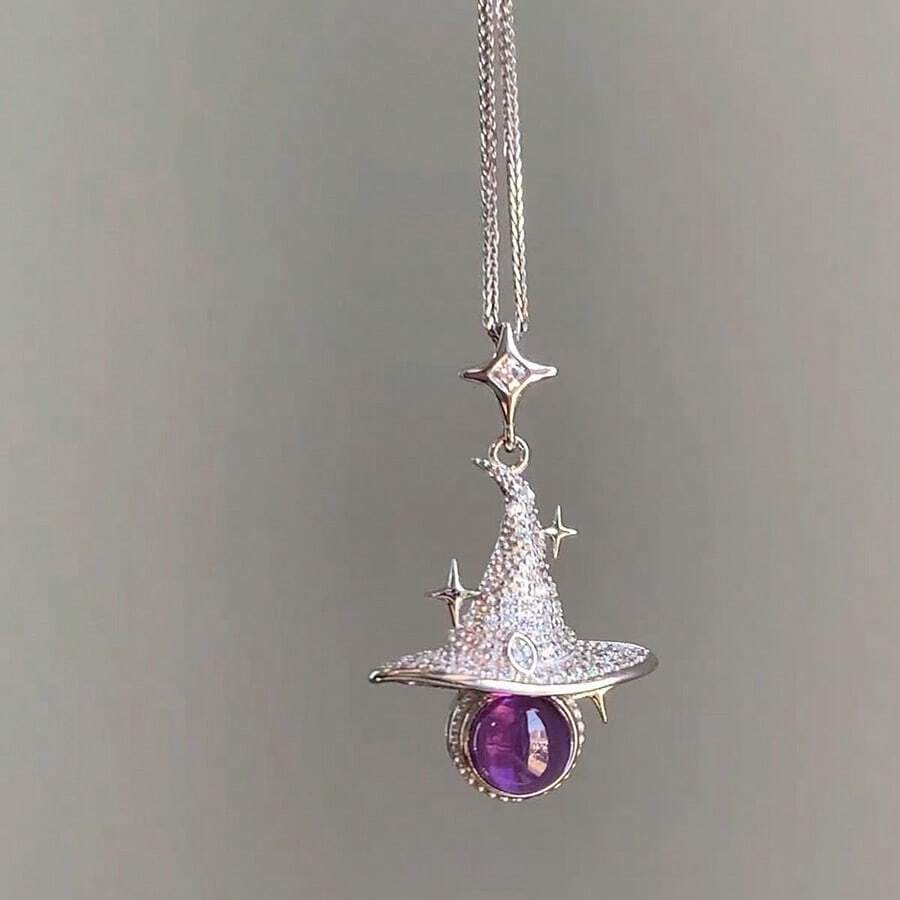 1pc Women's Personalized Star Witch Hat Rhinestone Clavicle Chain Elegant Exquisite Versatile Pendant Magic Hat Necklace - Necklace - View 1
