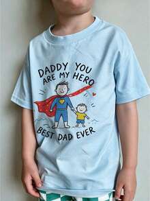 Baby Boy Summer Casual Short Sleeve T-Shirt, "Daddy Is My Hero" Print Round Neck Top, Suitable For Newborn And Toddler - Baby Blue - View 2