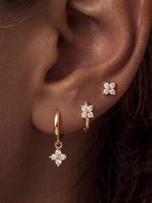 3pcs/Set Women's Lucky Zirconia Earrings Set, Light Luxury Minimalist Hoop & Stud Earrings, European & American Style Layered Earrings - Gold - View 7