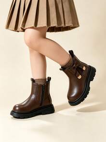 Girls' Brown Bow Chelsea Boots, Thick Sole Anti-Slip Soft Leather Side Zipper Ankle Boots For Autumn/Winter - Brown - View 6